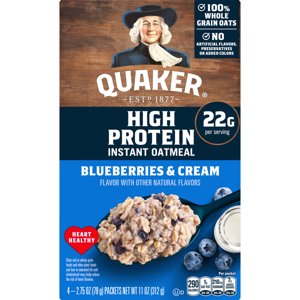 Quaker High Protein Instant Oatmeal, Blueberries & Cream, 2.75 Oz, 4 Count