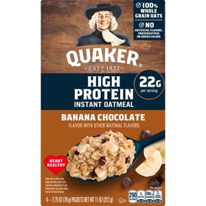 Quaker High Protein Instant Oatmeal, Banana Chocolate, 2.75 Oz, 4 Count